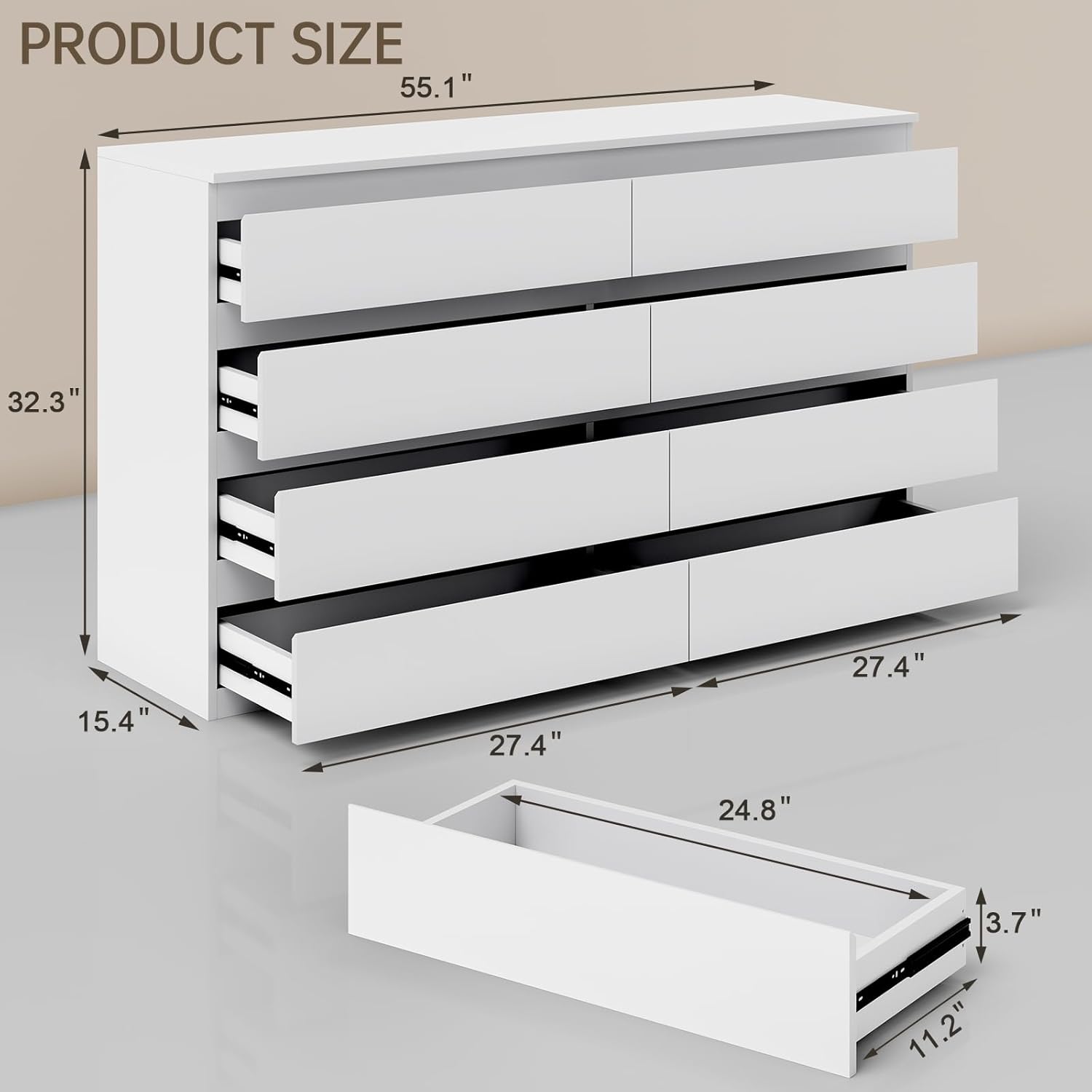 Cómoda de madera blanca para dormitorio, cómoda de 8 cajones para almacenamiento de ropa, cómoda moderna con cajones anchos, cajones anchos de madera para sala de estar, entrada, soporte de