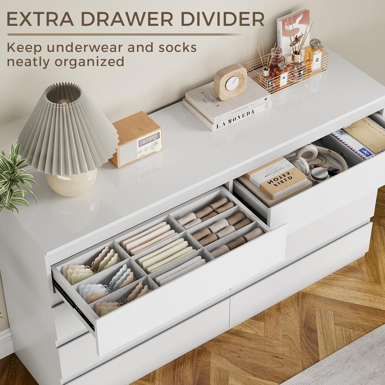 Cómoda de madera blanca para dormitorio, cómoda de 8 cajones para almacenamiento de ropa, cómoda moderna con cajones anchos, cajones anchos de madera para sala de estar, entrada, soporte de