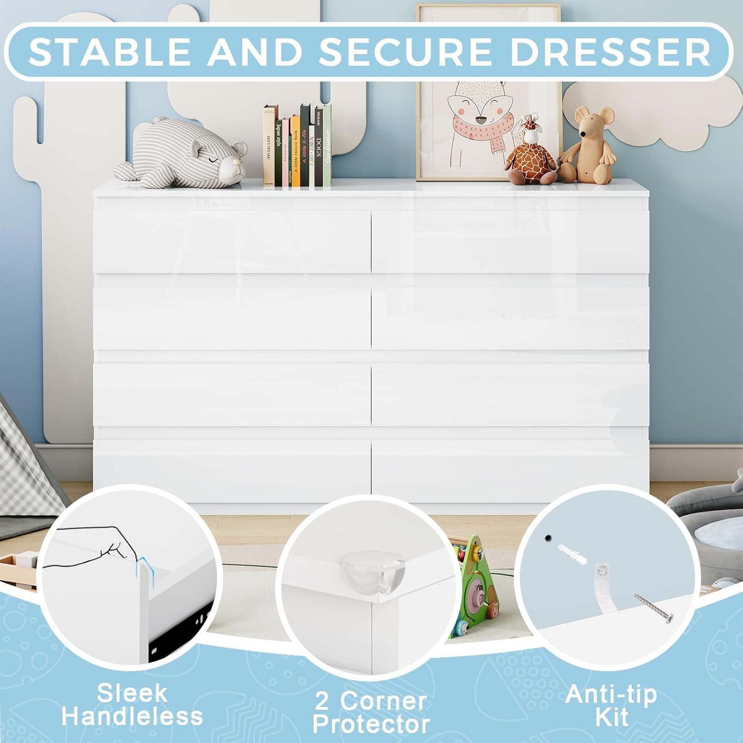 Cómoda de madera blanca para dormitorio, cómoda de 8 cajones para almacenamiento de ropa, cómoda moderna con cajones anchos, cajones anchos de madera para sala de estar, entrada, soporte de