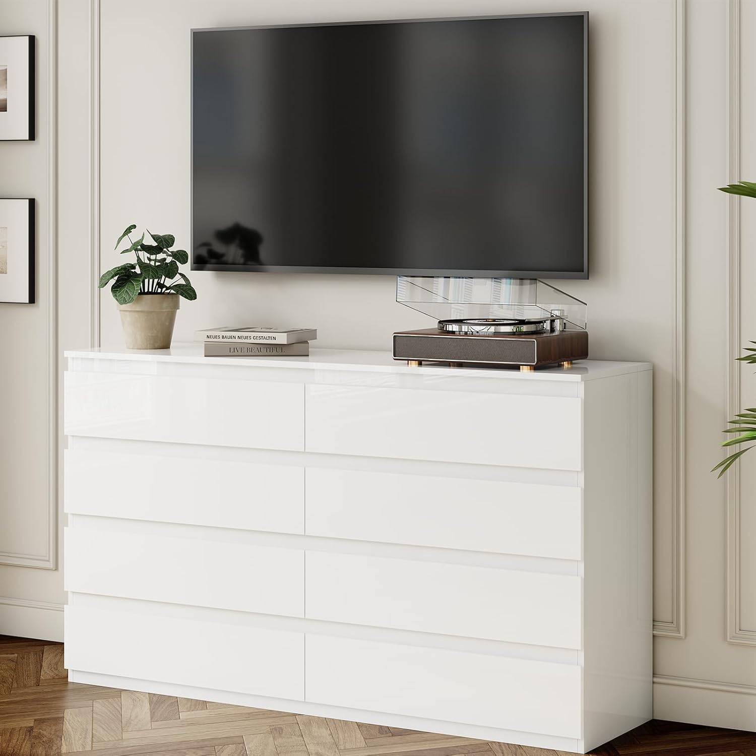 Cómoda de madera blanca para dormitorio, cómoda de 8 cajones para almacenamiento de ropa, cómoda moderna con cajones anchos, cajones anchos de madera para sala de estar, entrada, soporte de