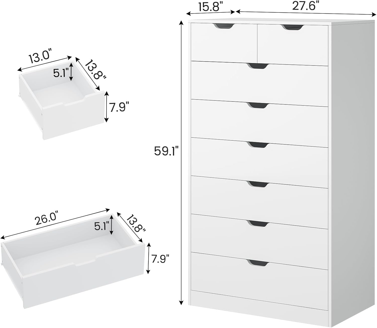 Cómoda Alta Blanca de 8 Cajones, Cajonera Moderna para Dormitorio, Cómodas de Armario con Cajones para Sala de Estar, Entrada, Pasillo