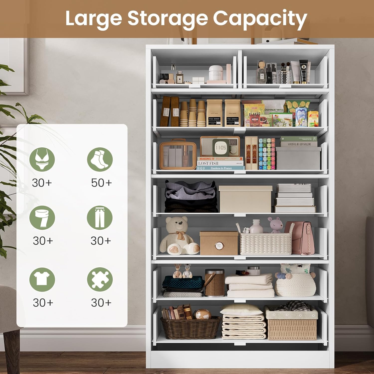 Cómoda Alta Blanca de 8 Cajones, Cajonera Moderna para Dormitorio, Cómodas de Armario con Cajones para Sala de Estar, Entrada, Pasillo