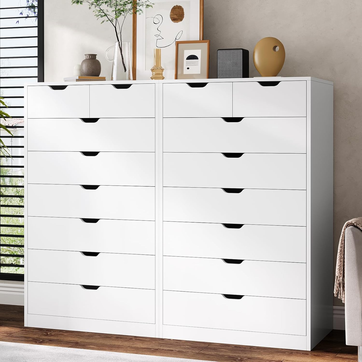 Cómoda Alta Blanca de 8 Cajones, Cajonera Moderna para Dormitorio, Cómodas de Armario con Cajones para Sala de Estar, Entrada, Pasillo