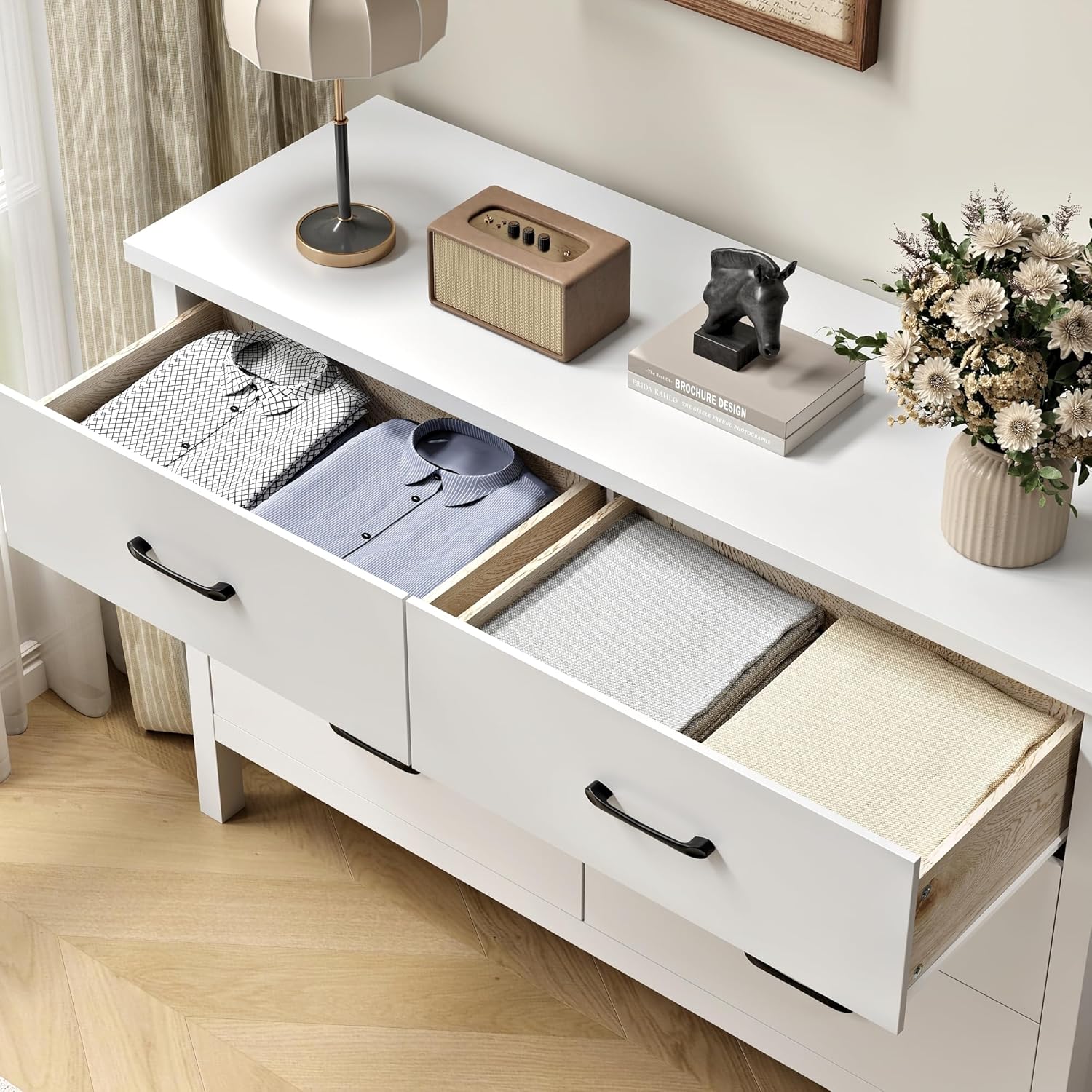 Cómoda blanca para dormitorio, cómoda doble de madera de 6 cajones con asas de metal, cómoda ancha de almacenamiento para sala de estar, pasillo, entrada