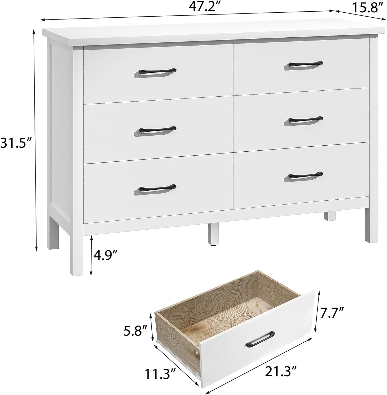 Cómoda blanca para dormitorio, cómoda doble de madera de 6 cajones con asas de metal, cómoda ancha de almacenamiento para sala de estar, pasillo, entrada