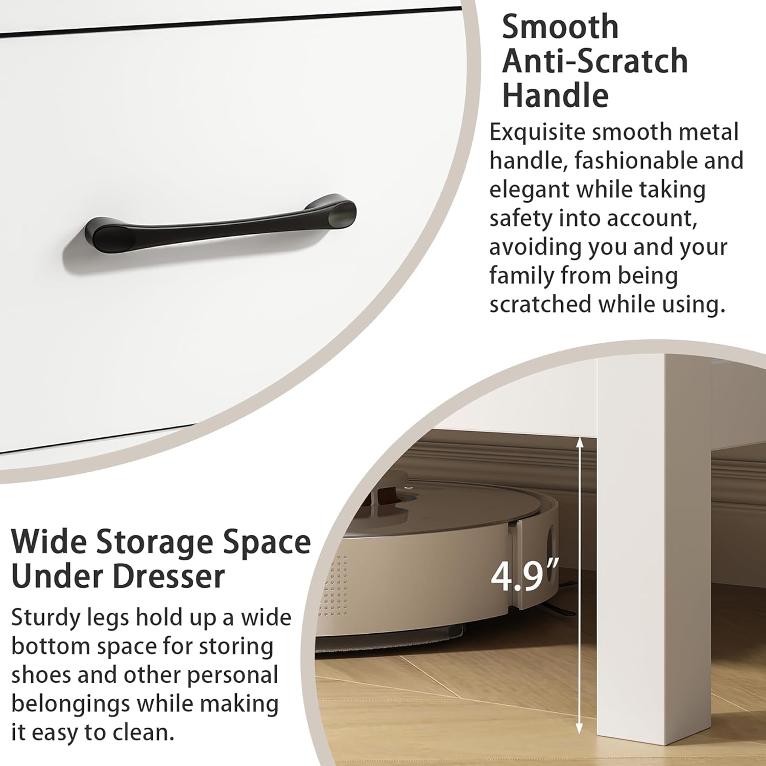 Cómoda blanca para dormitorio, cómoda doble de madera de 6 cajones con asas de metal, cómoda ancha de almacenamiento para sala de estar, pasillo, entrada