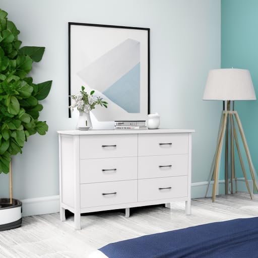 Cómoda blanca para dormitorio, cómoda doble de madera de 6 cajones con asas de metal, cómoda ancha de almacenamiento para sala de estar, pasillo, entrada