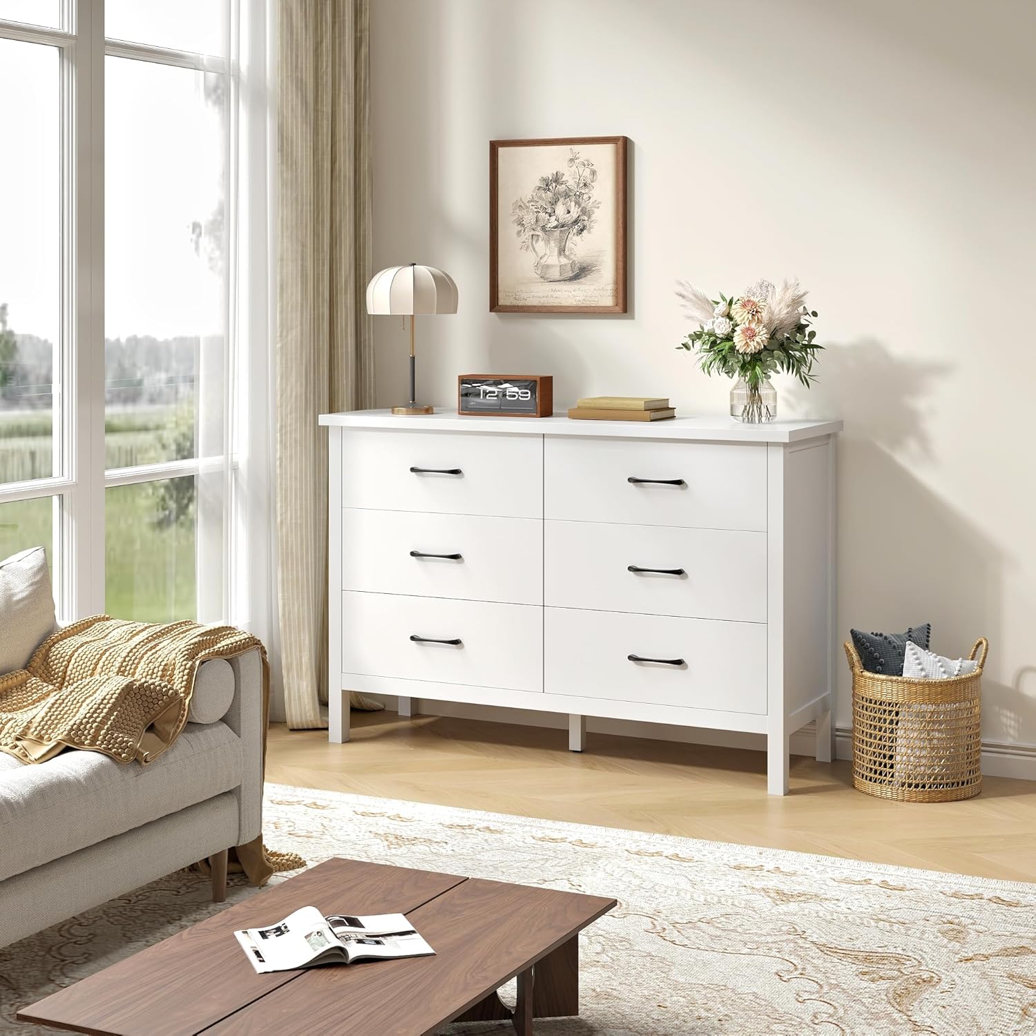 Cómoda blanca para dormitorio, cómoda doble de madera de 6 cajones con asas de metal, cómoda ancha de almacenamiento para sala de estar, pasillo, entrada