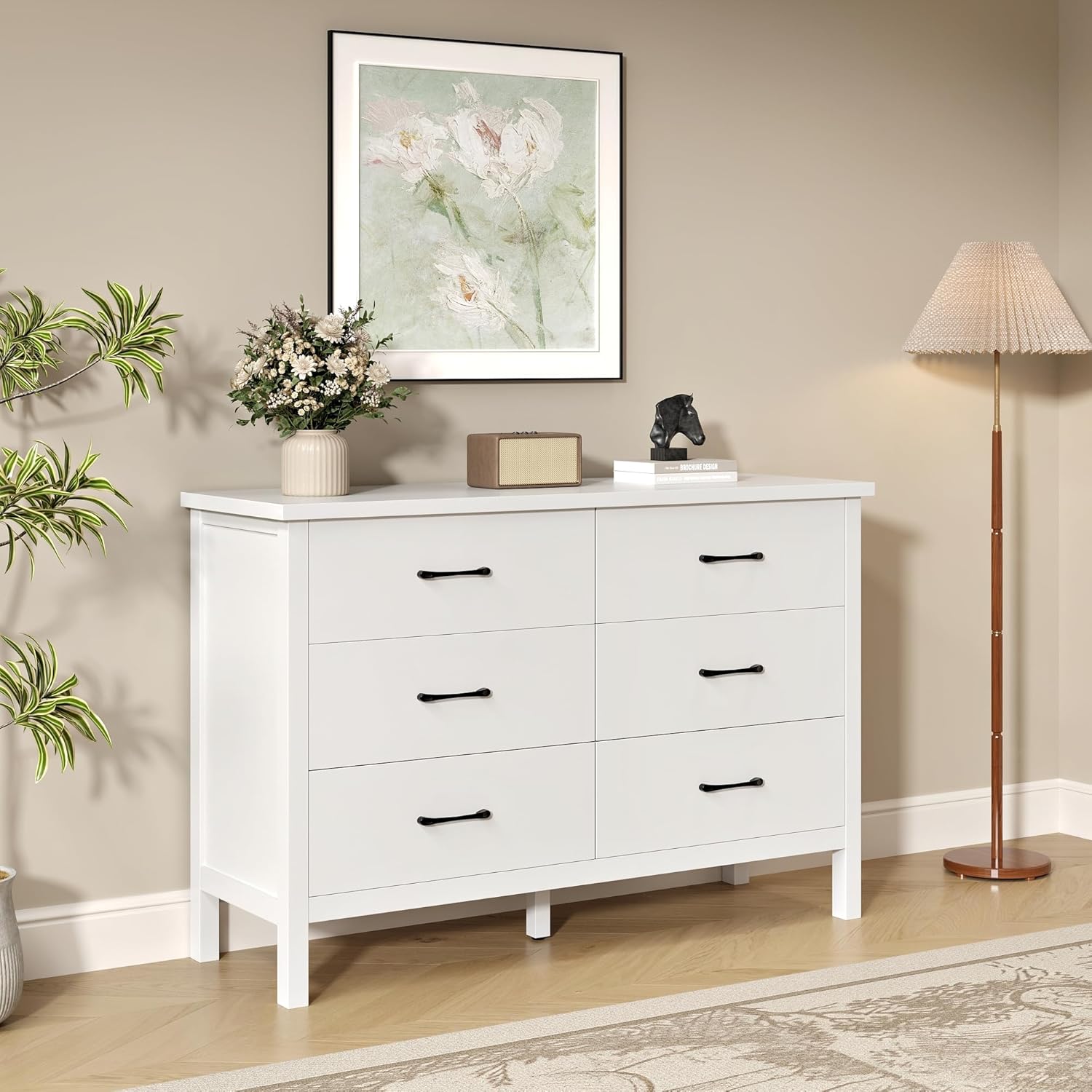 Cómoda blanca para dormitorio, cómoda doble de madera de 6 cajones con asas de metal, cómoda ancha de almacenamiento para sala de estar, pasillo, entrada