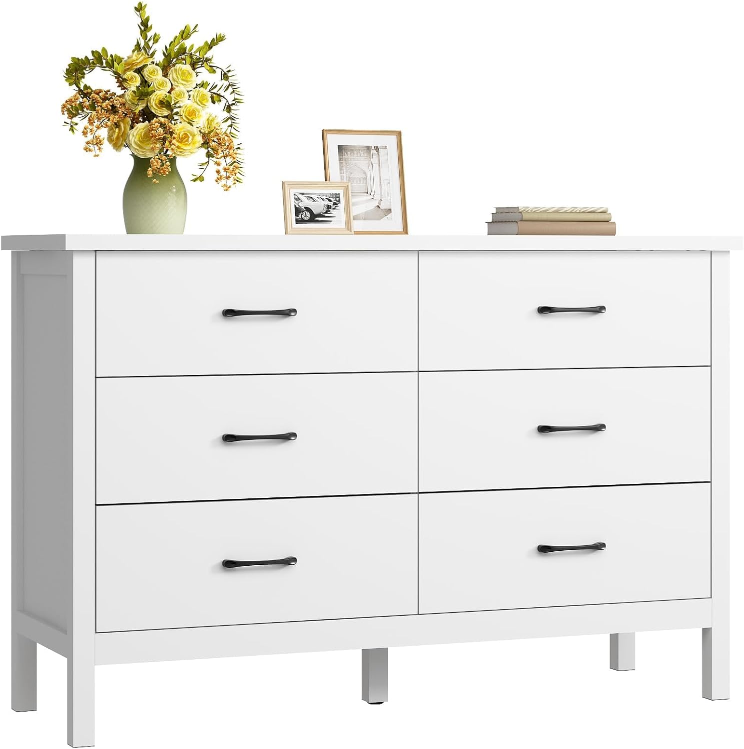 Cómoda blanca para dormitorio, cómoda doble de madera de 6 cajones con asas de metal, cómoda ancha de almacenamiento para sala de estar, pasillo, entrada