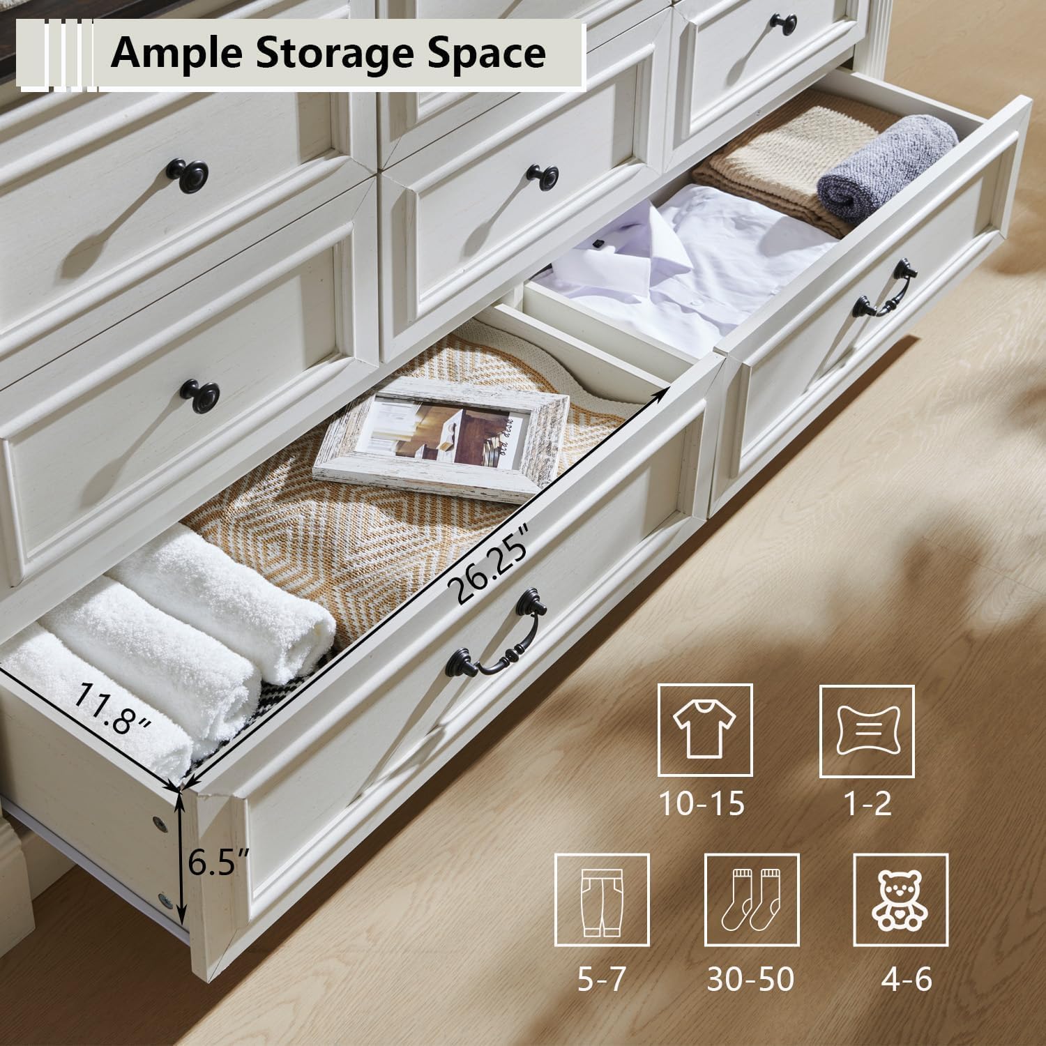 Cómoda rústica de 8 cajones para dormitorio, cómoda y cajonera grande de 61 pulgadas con columna romana, organizador de gran capacidad para dormitorio, pasillo o sala, color blanco