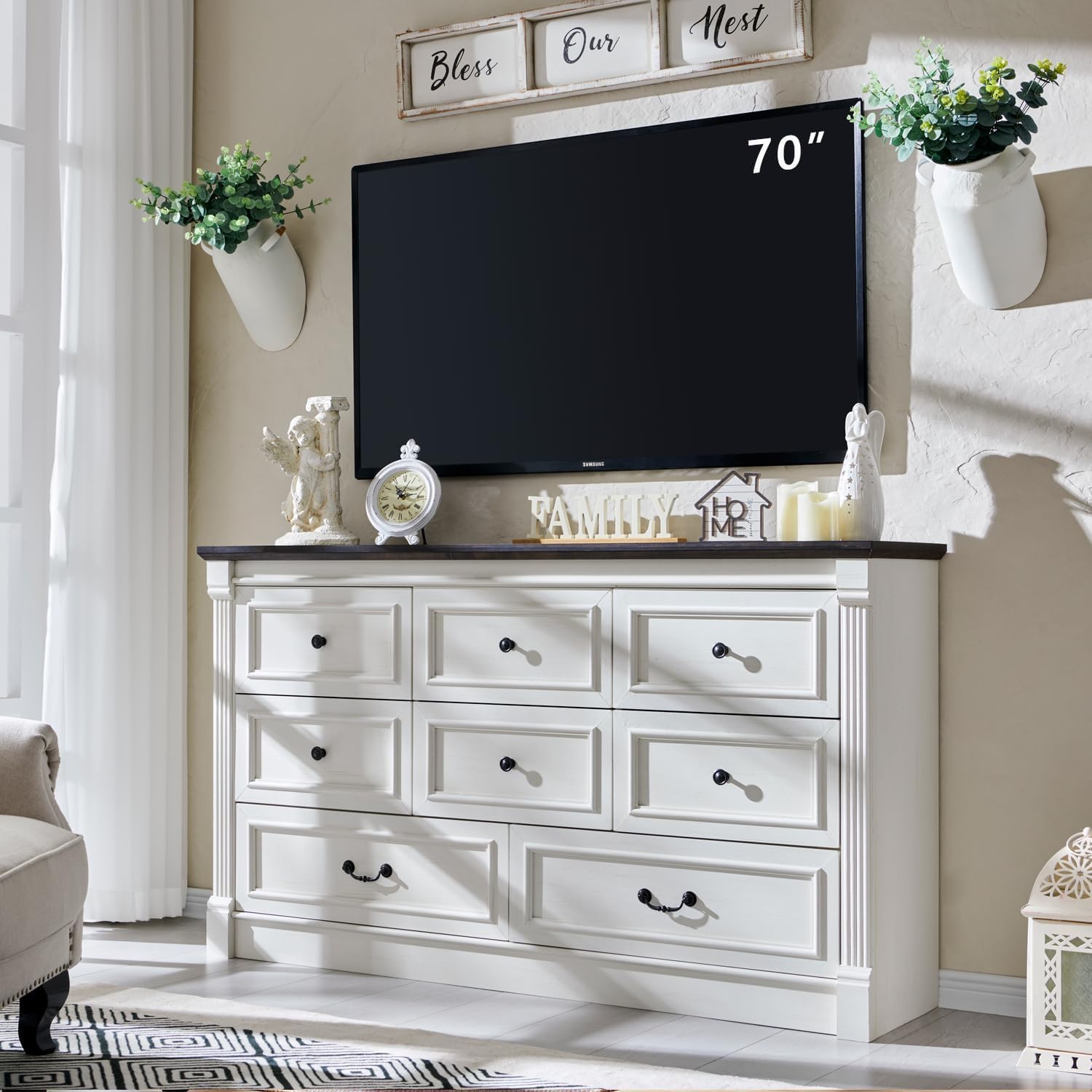 Cómoda rústica de 8 cajones para dormitorio, cómoda y cajonera grande de 61 pulgadas con columna romana, organizador de gran capacidad para dormitorio, pasillo o sala, color blanco