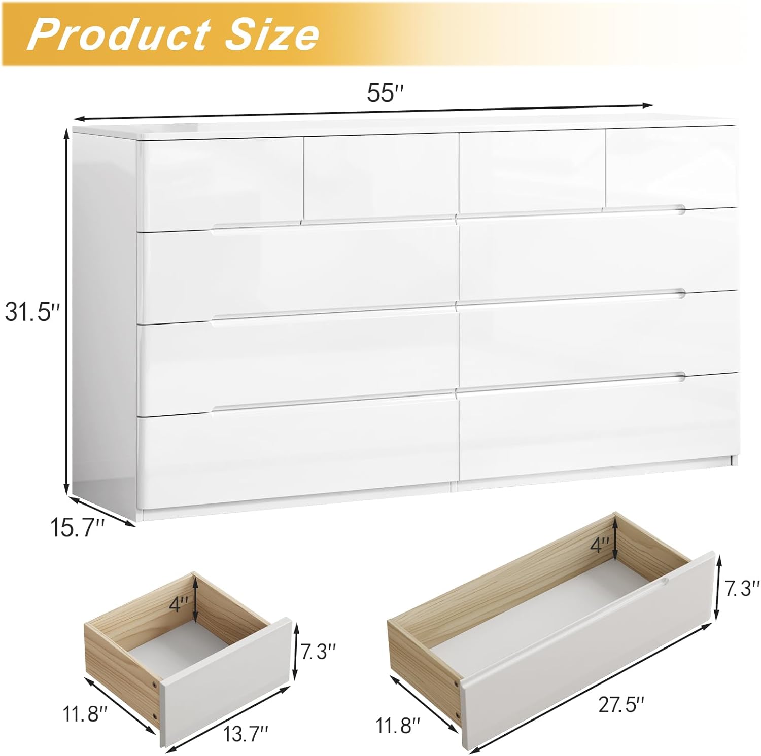 Cómoda blanca de 10 cajones para dormitorio, cómoda larga de 55" cofre de cajones, gabinete de almacenamiento moderno grande de alto brillo con cajones grandes sin manijas, sala de estar