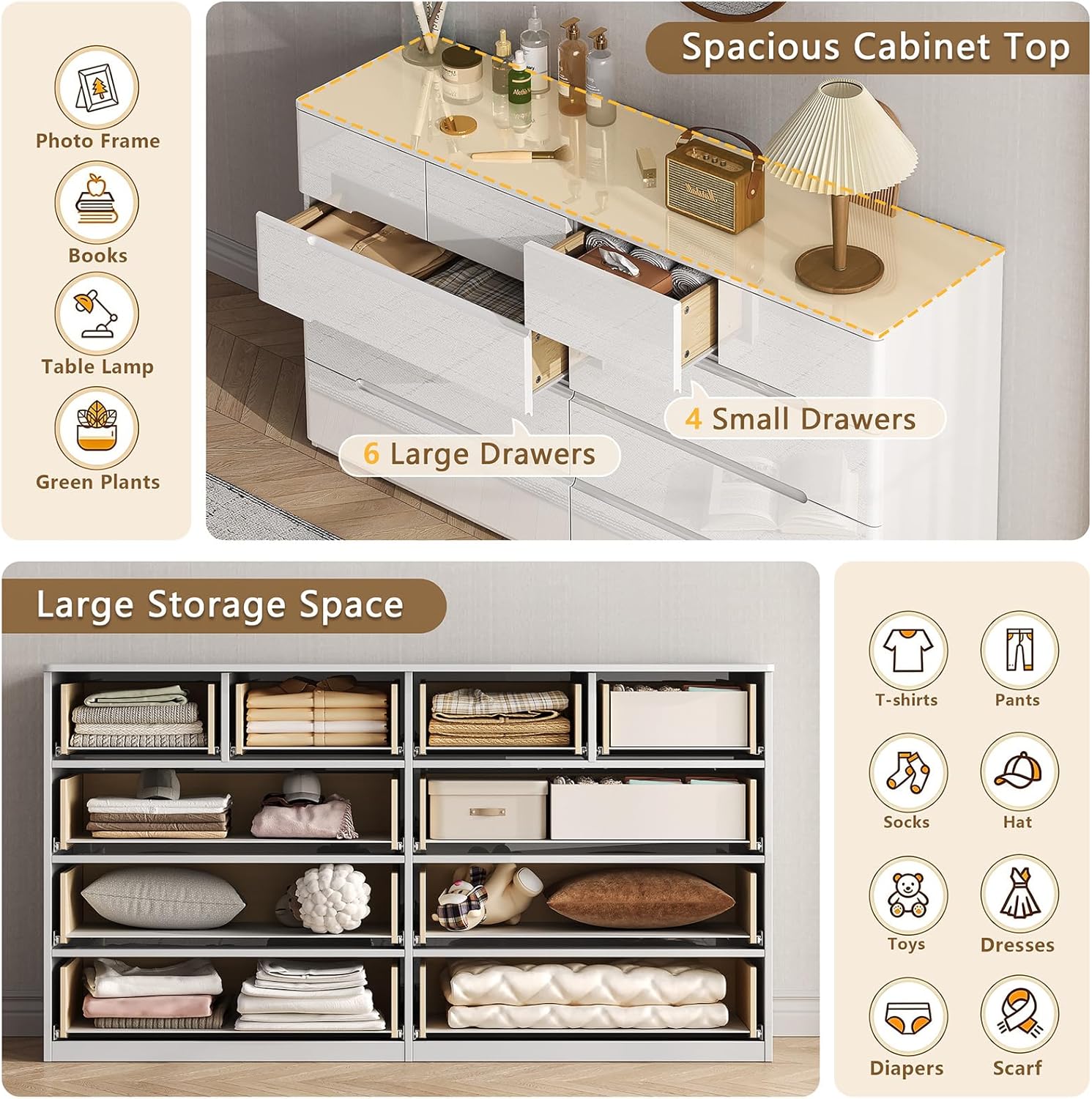 Cómoda blanca de 10 cajones para dormitorio, cómoda larga de 55" cofre de cajones, gabinete de almacenamiento moderno grande de alto brillo con cajones grandes sin manijas, sala de estar