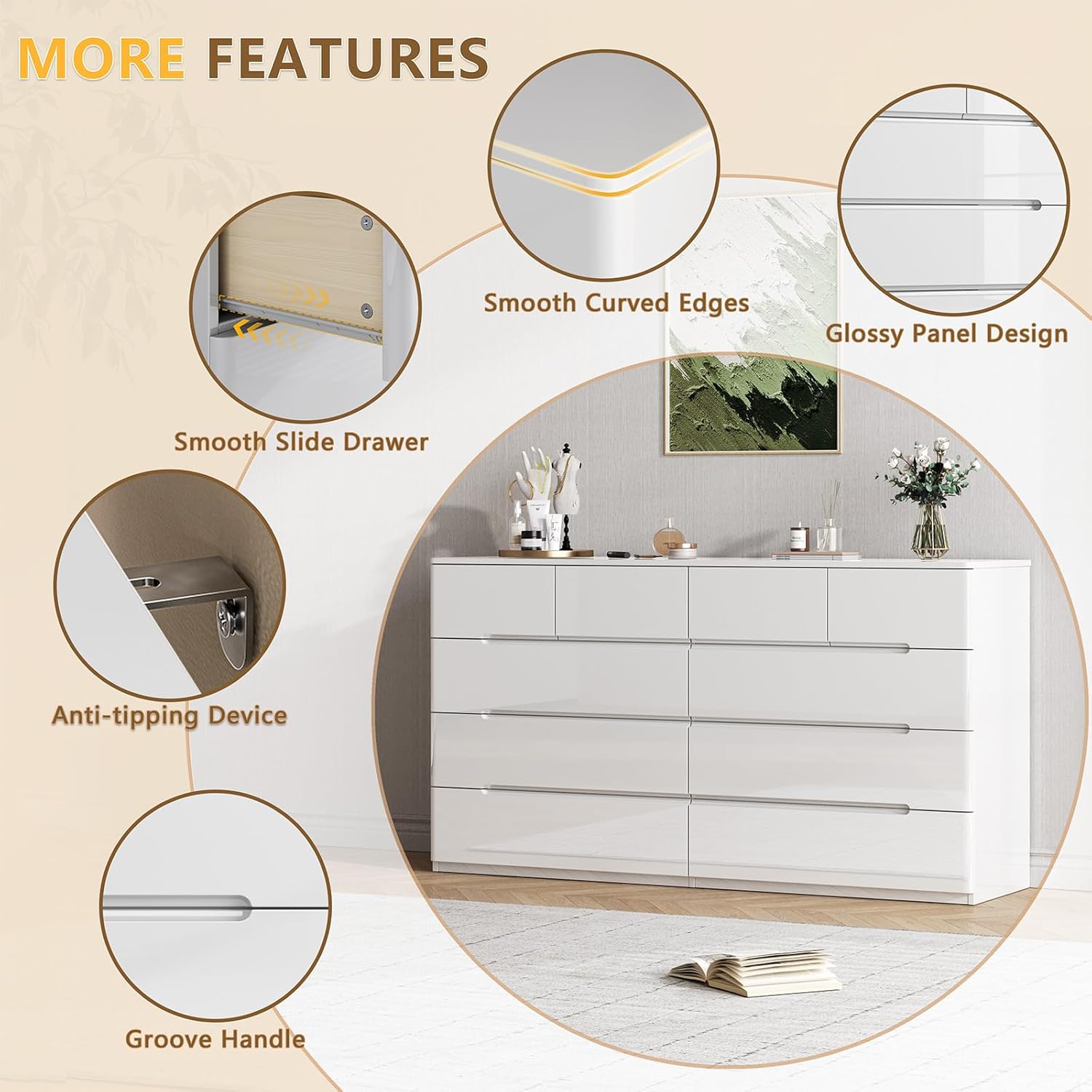 Cómoda blanca de 10 cajones para dormitorio, cómoda larga de 55" cofre de cajones, gabinete de almacenamiento moderno grande de alto brillo con cajones grandes sin manijas, sala de estar