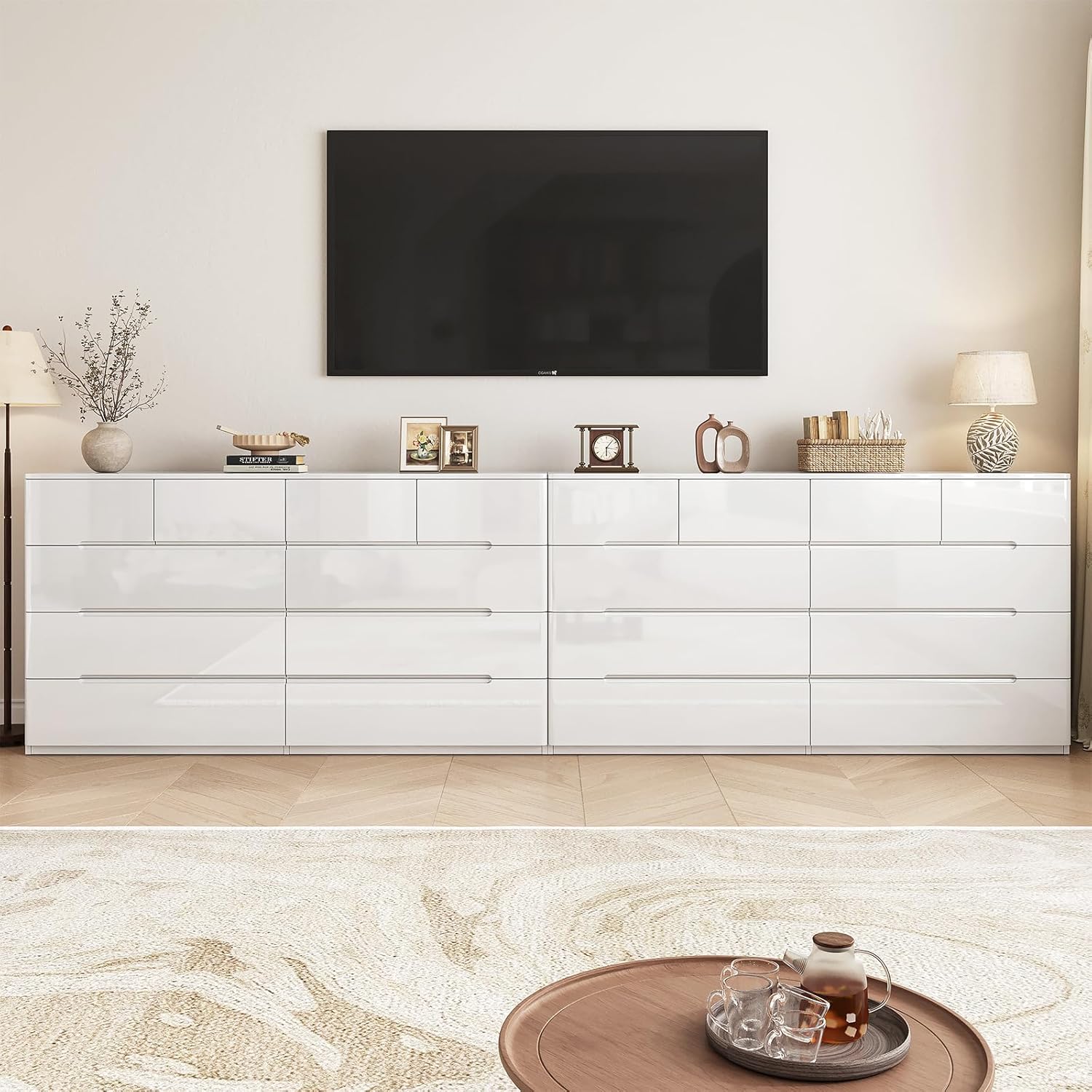 Cómoda blanca de 10 cajones para dormitorio, cómoda larga de 55" cofre de cajones, gabinete de almacenamiento moderno grande de alto brillo con cajones grandes sin manijas, sala de estar