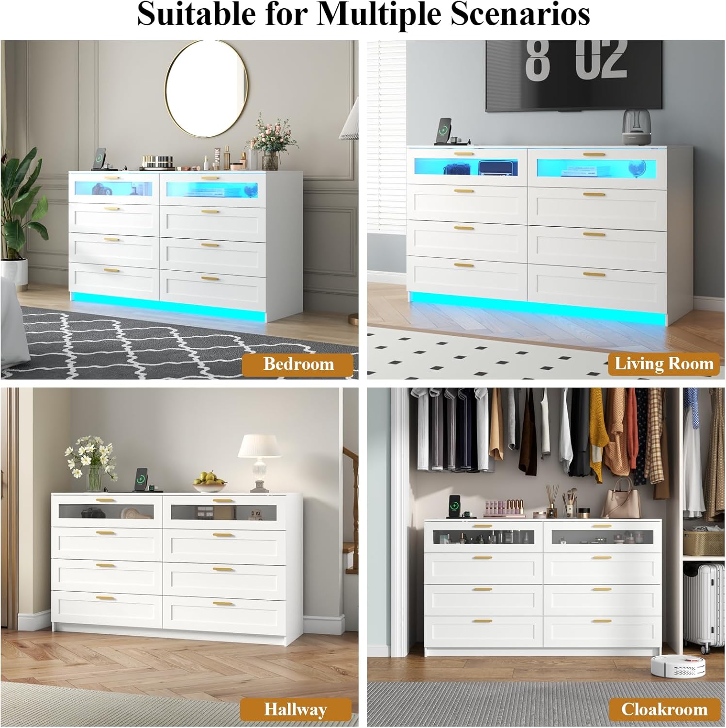 Cómoda de 8 cajones con estación de carga, cómoda blanca para dormitorio con luces LED, cómoda moderna de cajones para armario, organizador de cómodas de doble ancho para dormitorio, sala de estar