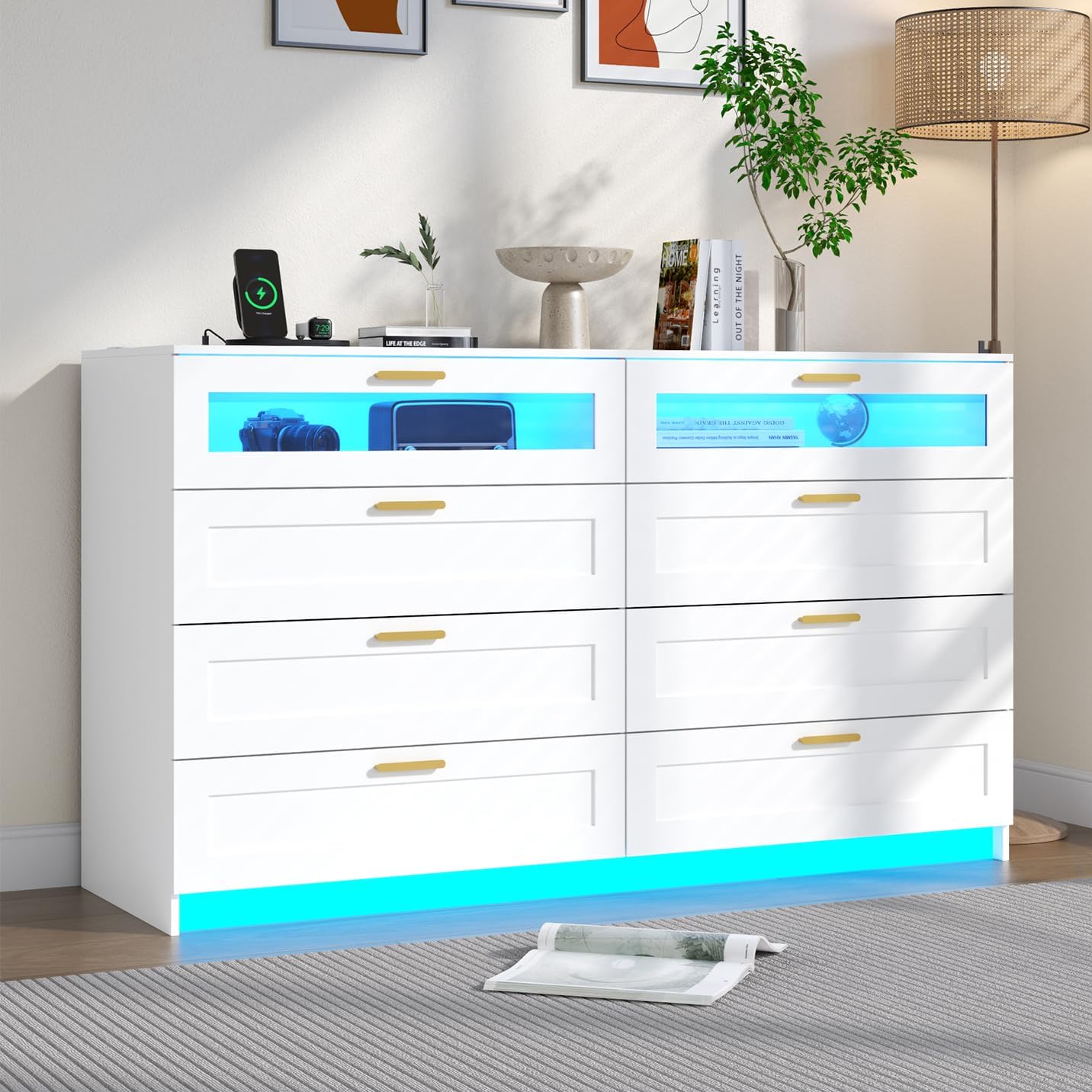 Cómoda de 8 cajones con estación de carga, cómoda blanca para dormitorio con luces LED, cómoda moderna de cajones para armario, organizador de cómodas de doble ancho para dormitorio, sala de estar