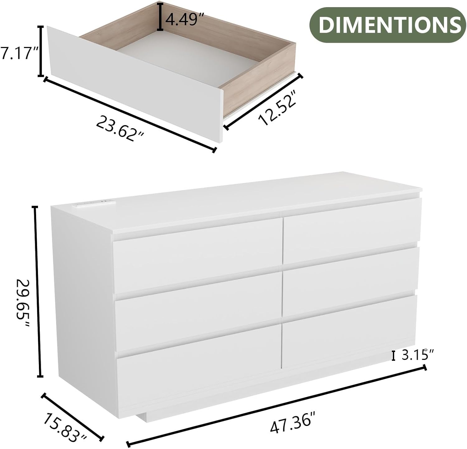 Cómoda de 6 cajones con toma de corriente, cómoda flotante blanca con luz LED, moderno organizador de cajones doble ancho para dormitorio, sala de estar (blanco)