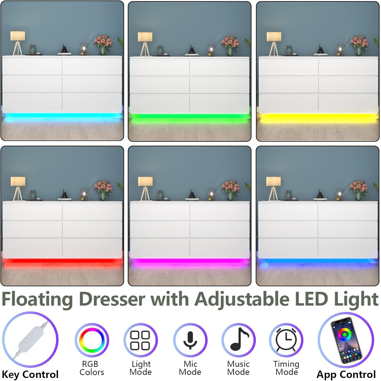 Cómoda de 6 cajones con toma de corriente, cómoda flotante blanca con luz LED, moderno organizador de cajones doble ancho para dormitorio, sala de estar (blanco)