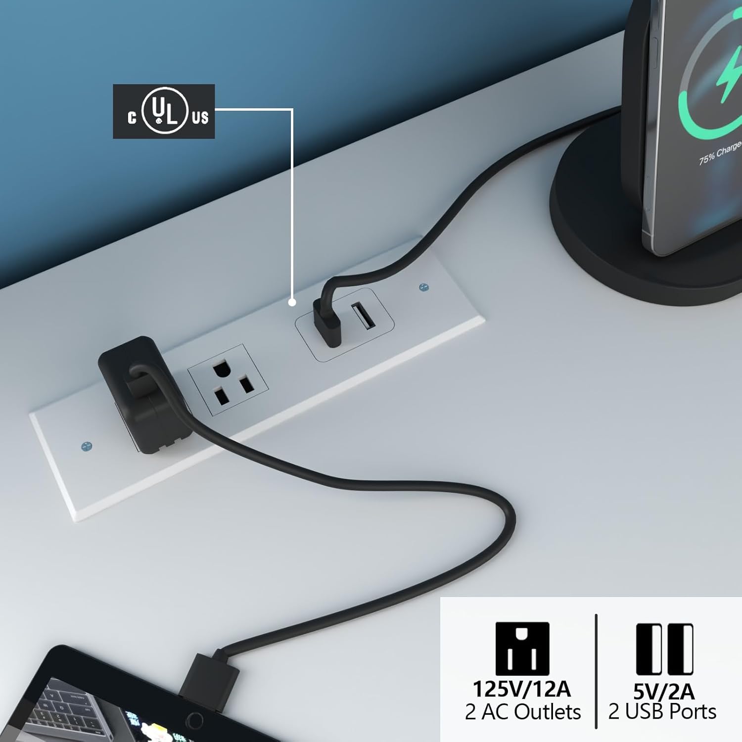 Cómoda de 6 cajones con toma de corriente, cómoda flotante blanca con luz LED, moderno organizador de cajones doble ancho para dormitorio, sala de estar (blanco)