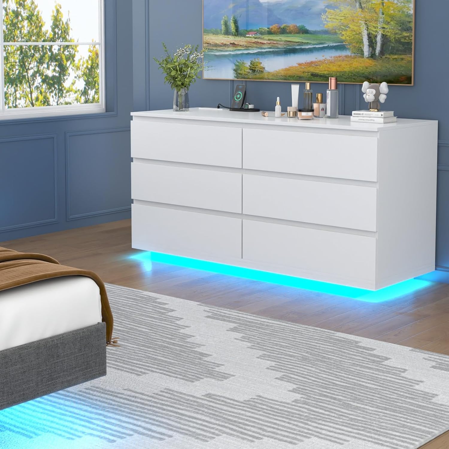 Cómoda de 6 cajones con toma de corriente, cómoda flotante blanca con luz LED, moderno organizador de cajones doble ancho para dormitorio, sala de estar (blanco)