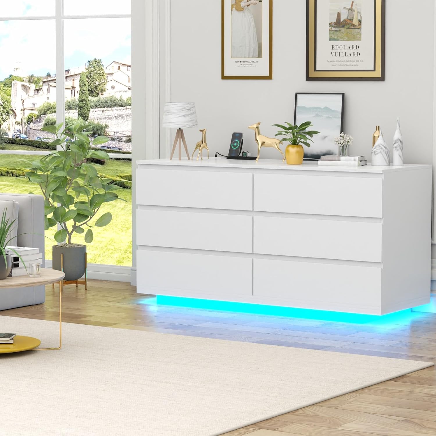Cómoda de 6 cajones con toma de corriente, cómoda flotante blanca con luz LED, moderno organizador de cajones doble ancho para dormitorio, sala de estar (blanco)
