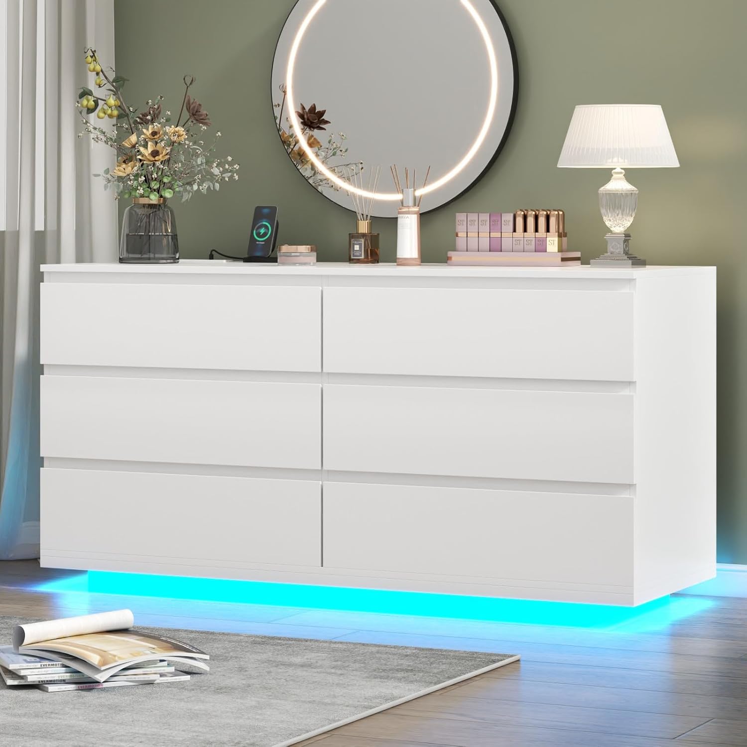 Cómoda de 6 cajones con toma de corriente, cómoda flotante blanca con luz LED, moderno organizador de cajones doble ancho para dormitorio, sala de estar (blanco)