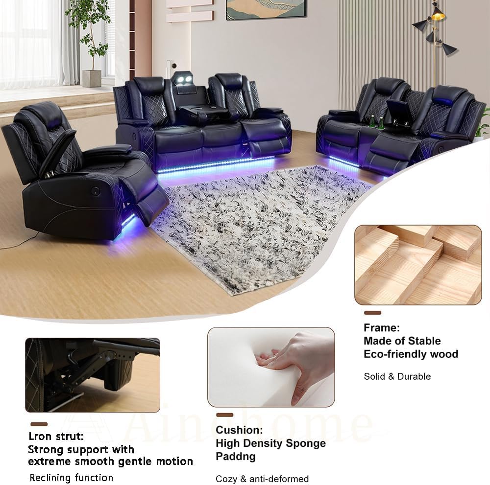 Juego de sofá reclinable multifunción de cuero Power Air con luces LED, muebles de sala de estar, sofá reclinable, sofá biplaza, silla con puerto USB/consola de almacenamiento/portavasos (negro,