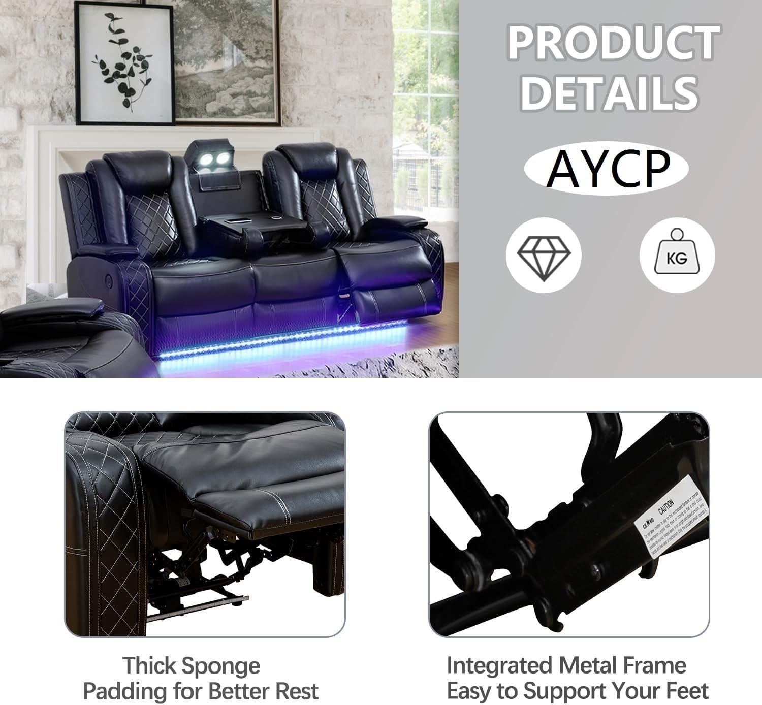 Juego de sofá reclinable multifunción de cuero Power Air con luces LED, muebles de sala de estar, sofá reclinable, sofá biplaza, silla con puerto USB/consola de almacenamiento/portavasos (negro,