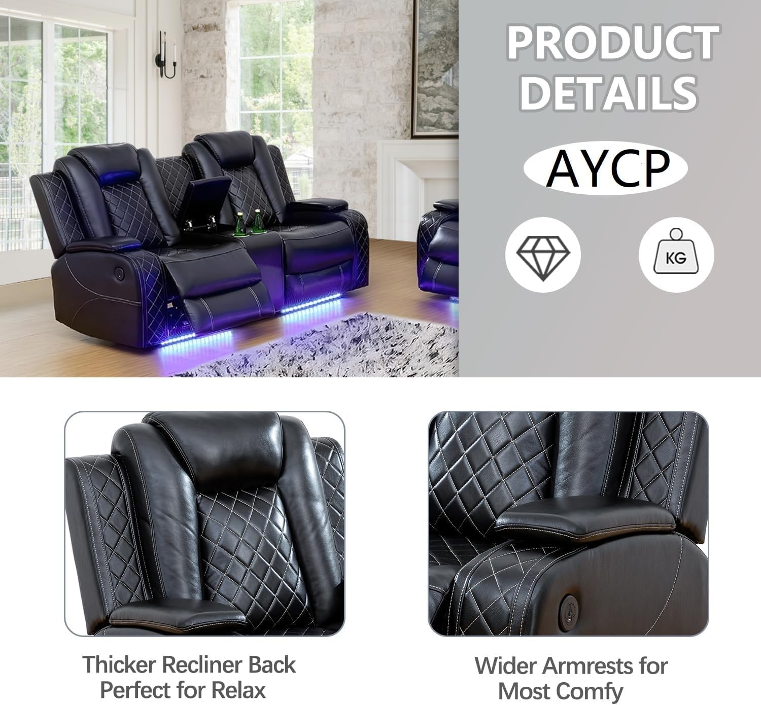 Juego de sofá reclinable multifunción de cuero Power Air con luces LED, muebles de sala de estar, sofá reclinable, sofá biplaza, silla con puerto USB/consola de almacenamiento/portavasos (negro,