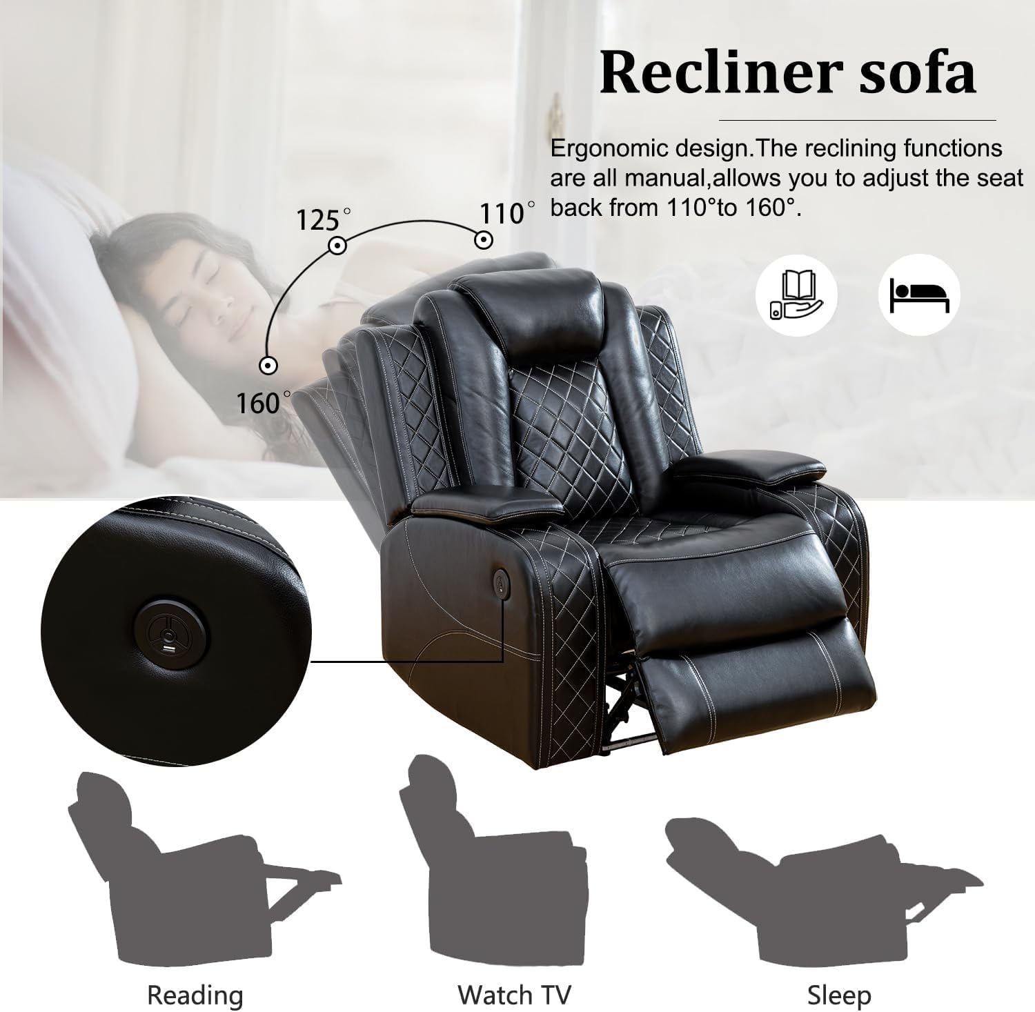 Juego de sofá reclinable multifunción de cuero Power Air con luces LED, muebles de sala de estar, sofá reclinable, sofá biplaza, silla con puerto USB/consola de almacenamiento/portavasos (negro,