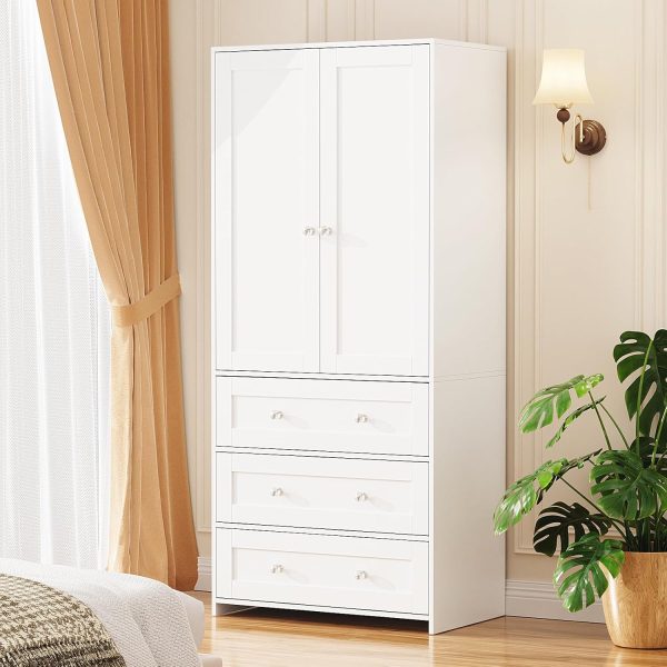 Armario Armario con cajones y espejo, armario de almacenamiento de ropa de 71 pulgadas con barra para colgar, armario de madera de 2 puertas para dormitorio, almacenamiento de gran capacidad