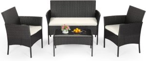 Juego de muebles de patio de 4 piezas | Muebles de mimbre para exteriores con mesa de centro | Juego de sillas de ratán modernas | Asientos al aire libre | Resistente a la intemperie | Negro |