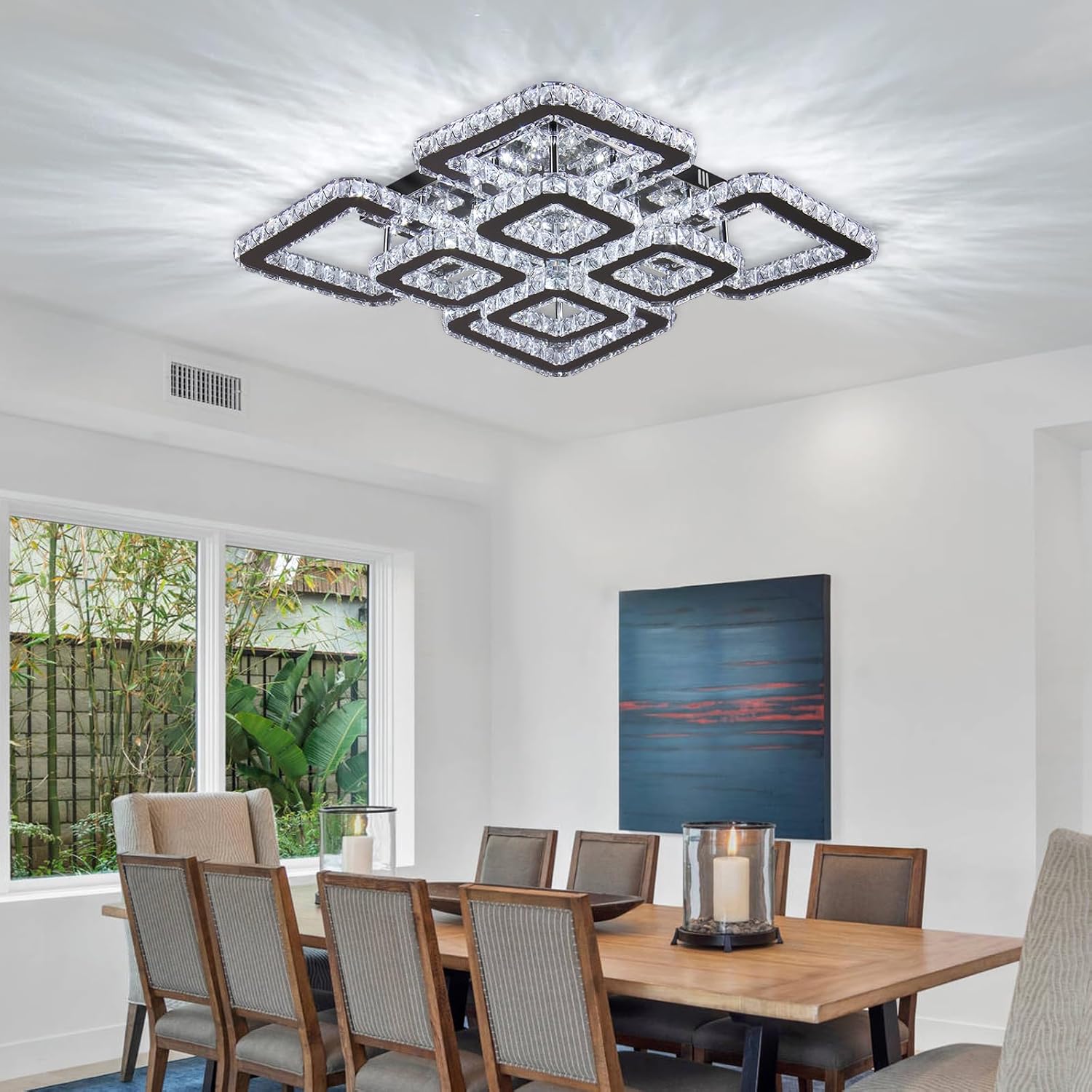 FRIXCHUR Lámpara de techo cuadrada de cristal de 20 pulgadas, 8 luces, moderna lámpara colgante de techo de cristal para sala de estar, dormitorio, blanco frío, 6500 K