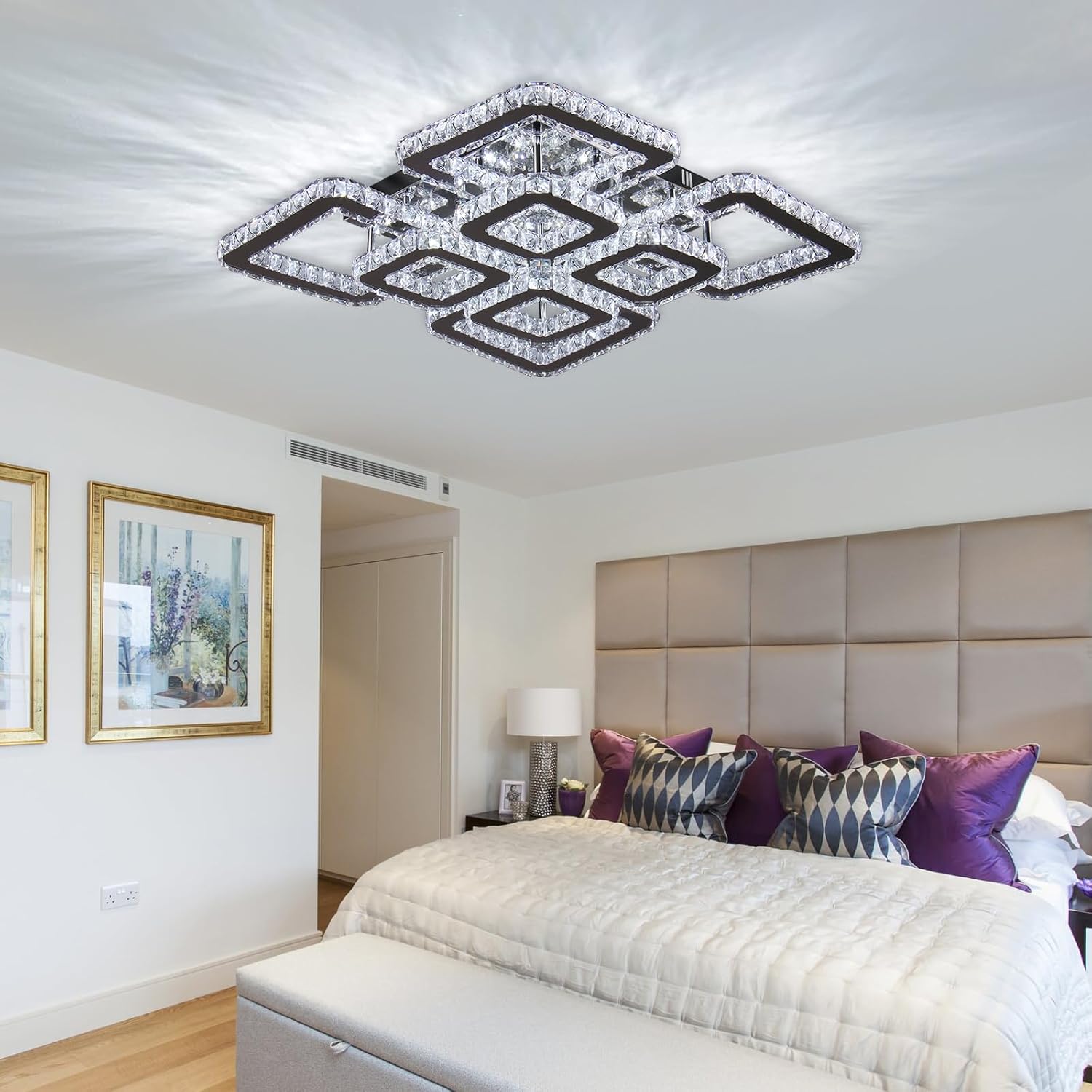 FRIXCHUR Lámpara de techo cuadrada de cristal de 20 pulgadas, 8 luces, moderna lámpara colgante de techo de cristal para sala de estar, dormitorio, blanco frío, 6500 K