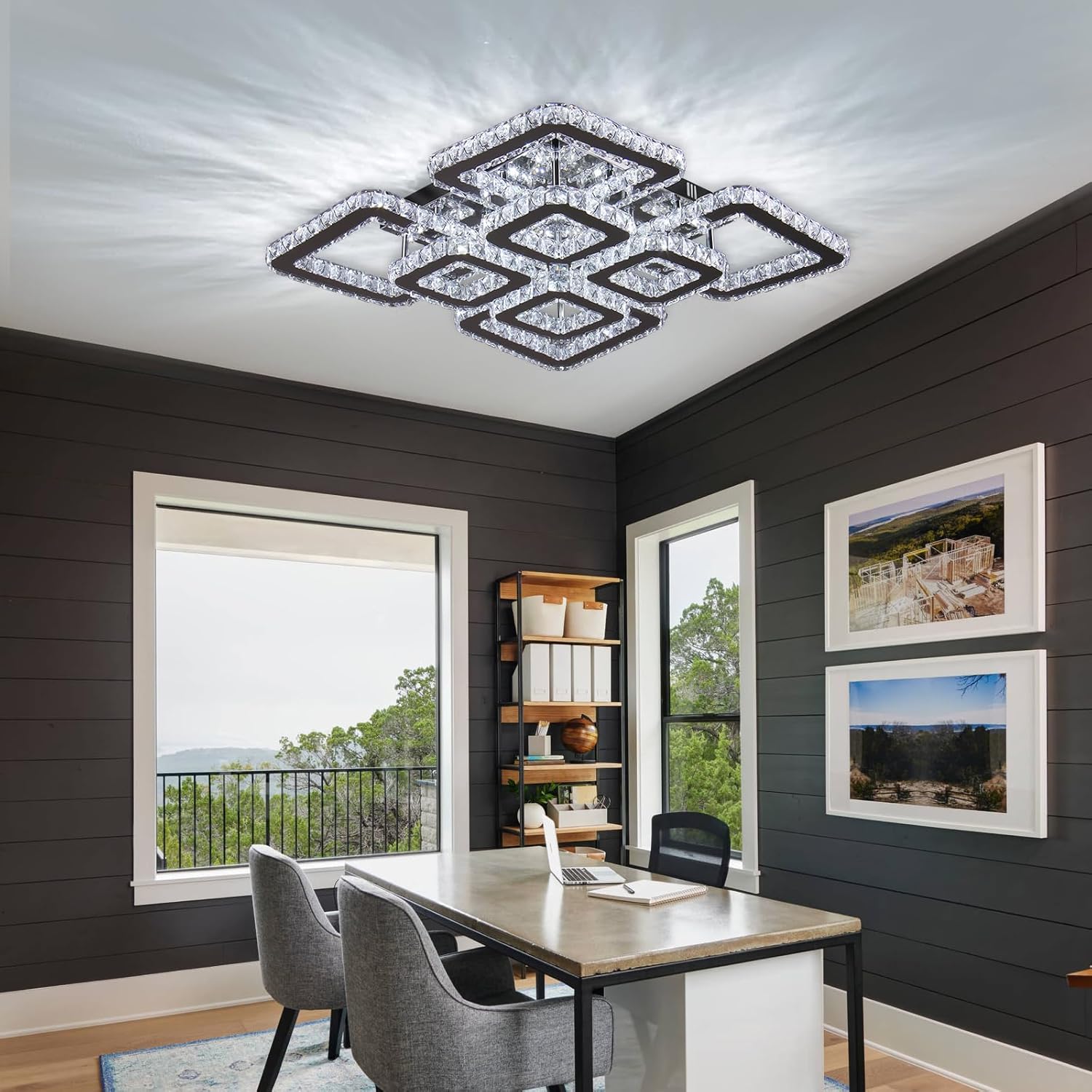 FRIXCHUR Lámpara de techo cuadrada de cristal de 20 pulgadas, 8 luces, moderna lámpara colgante de techo de cristal para sala de estar, dormitorio, blanco frío, 6500 K