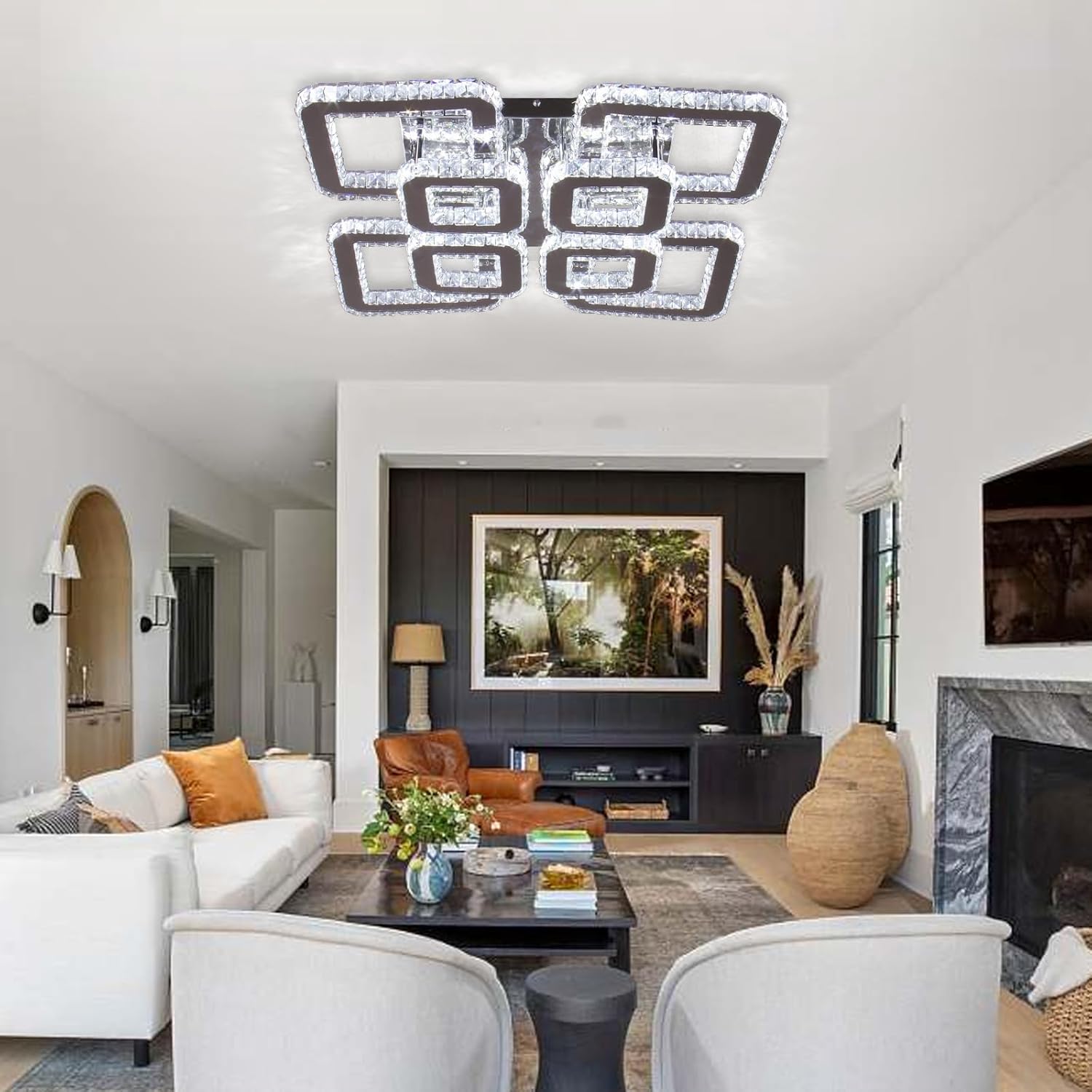 FRIXCHUR Lámpara de techo cuadrada de cristal de 20 pulgadas, 8 luces, moderna lámpara colgante de techo de cristal para sala de estar, dormitorio, blanco frío, 6500 K