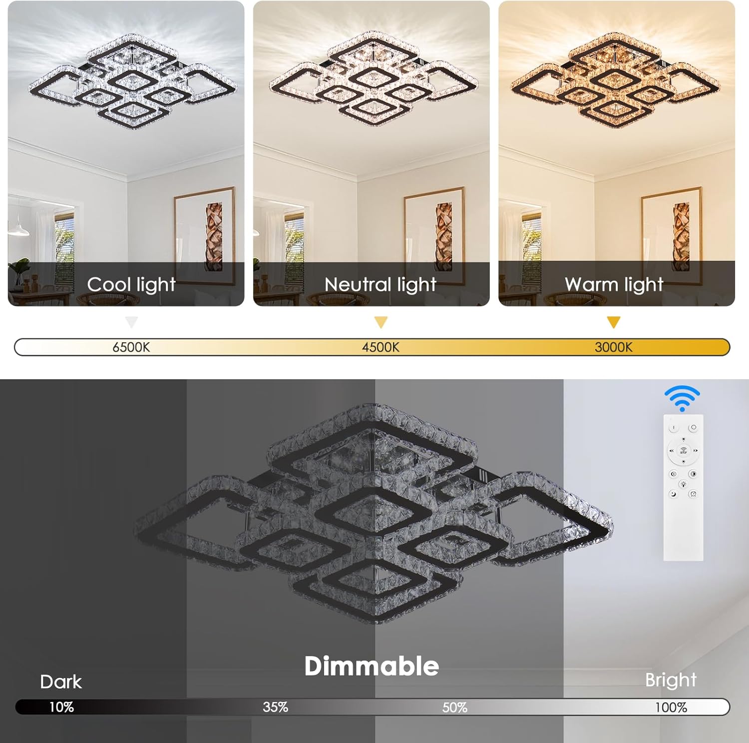 FRIXCHUR Lámpara de araña de cristal de 20" regulable, lámpara de techo de montaje empotrado cuadrada, lámpara de techo de cristal de 8 luces, lámpara colgante de techo de cristal LED, lámparas de