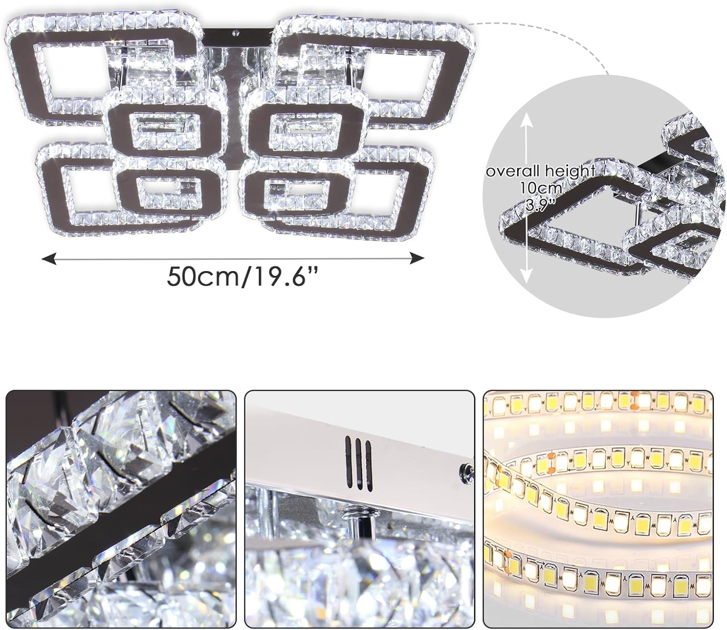 FRIXCHUR Lámpara de araña de cristal de 20" regulable, lámpara de techo de montaje empotrado cuadrada, lámpara de techo de cristal de 8 luces, lámpara colgante de techo de cristal LED, lámparas de