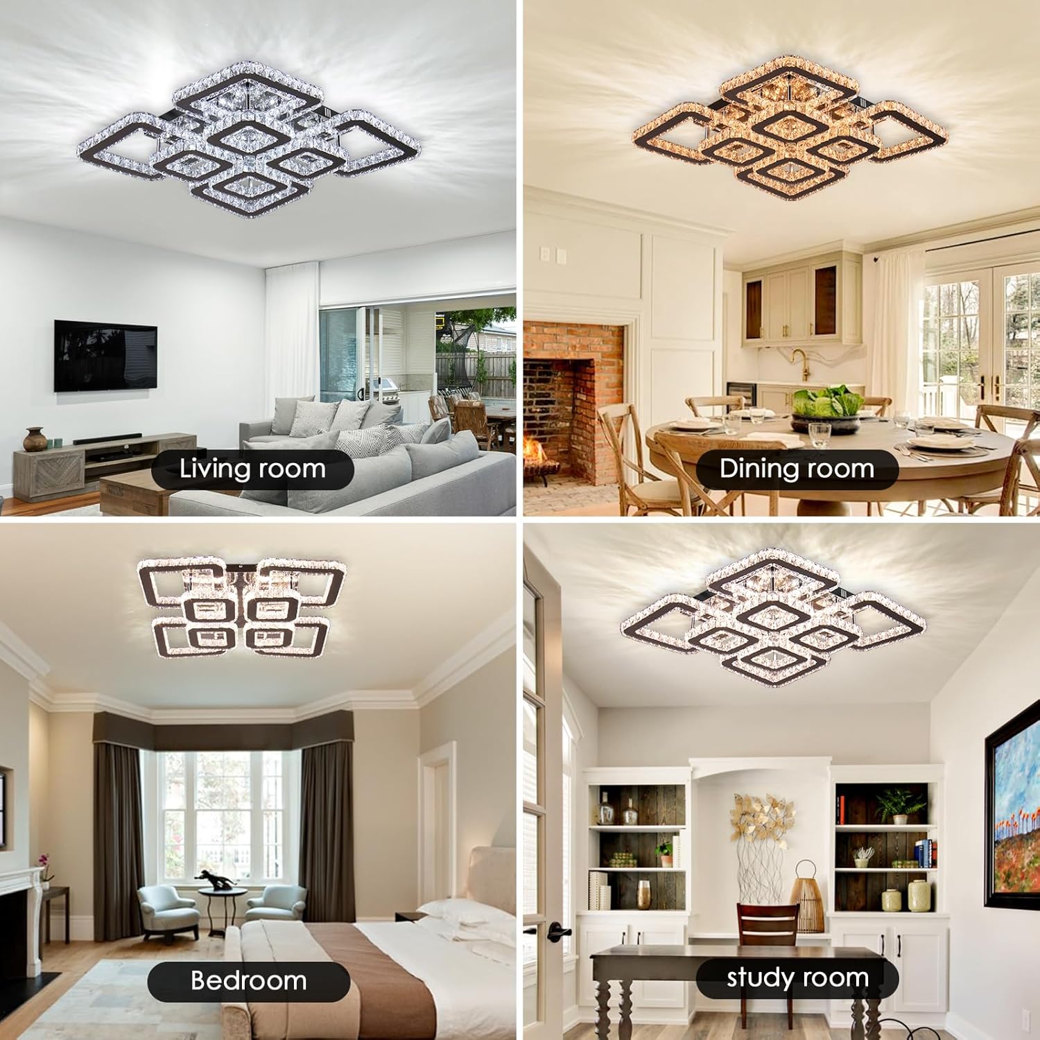 FRIXCHUR Lámpara de araña de cristal de 20" regulable, lámpara de techo de montaje empotrado cuadrada, lámpara de techo de cristal de 8 luces, lámpara colgante de techo de cristal LED, lámparas de