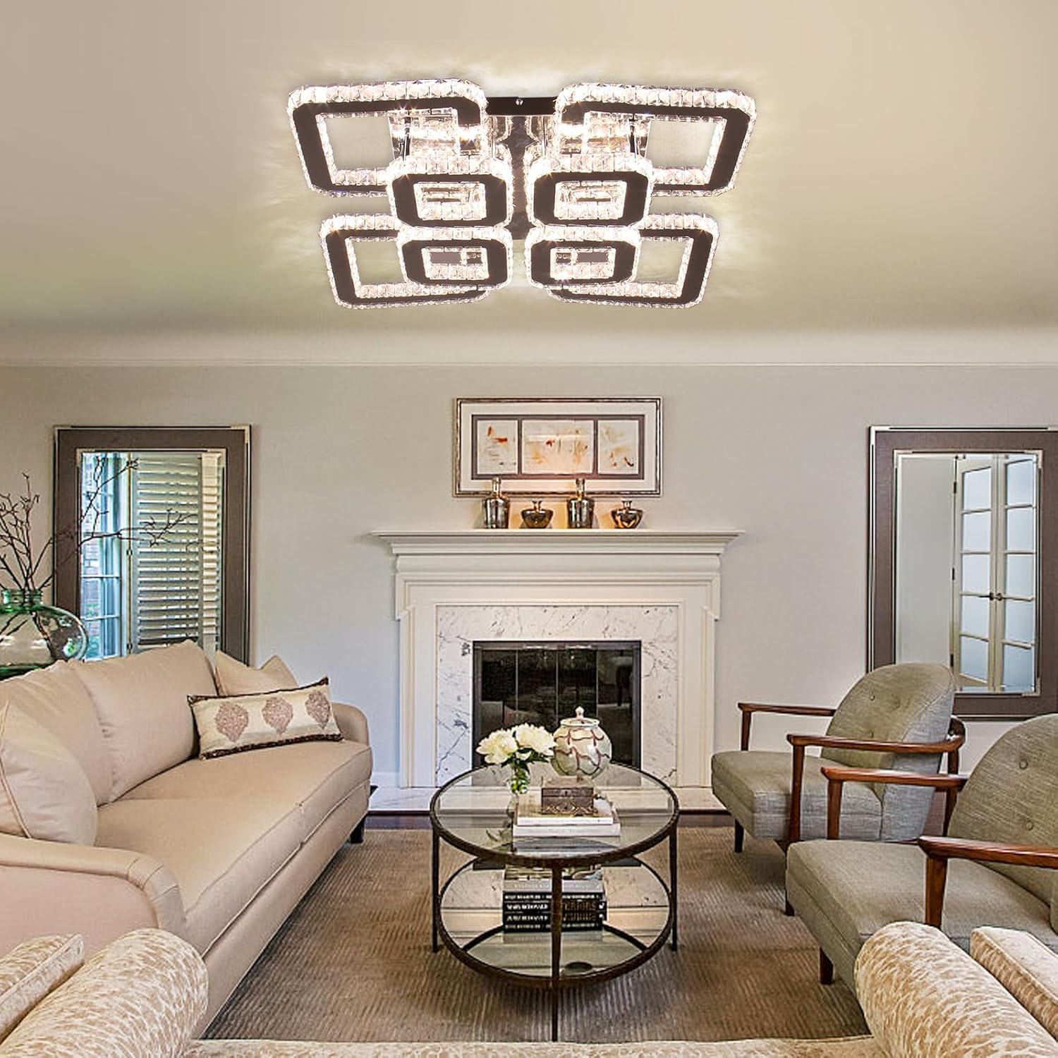 FRIXCHUR Lámpara de araña de cristal de 20" regulable, lámpara de techo de montaje empotrado cuadrada, lámpara de techo de cristal de 8 luces, lámpara colgante de techo de cristal LED, lámparas de