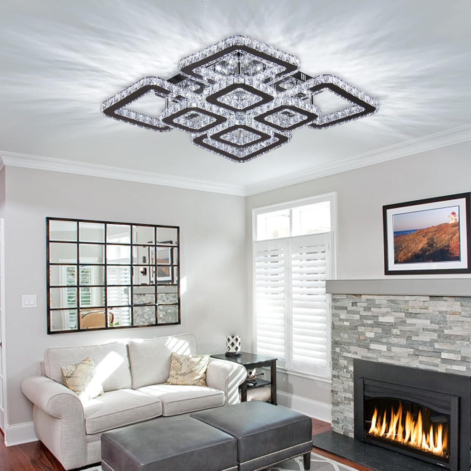 FRIXCHUR Lámpara de araña de cristal de 20" regulable, lámpara de techo de montaje empotrado cuadrada, lámpara de techo de cristal de 8 luces, lámpara colgante de techo de cristal LED, lámparas de