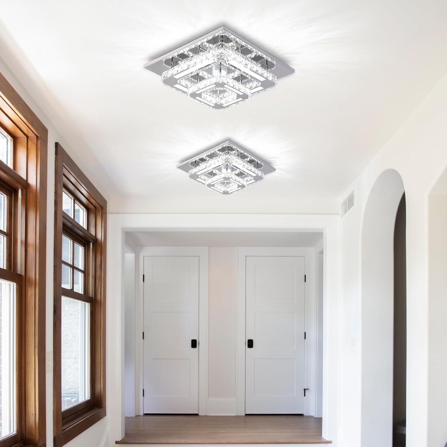 FRIXCHUR Lámpara de Araña de Cristal LED Luz de Techo de Cristal 2 Capas 12 pulgadas Lámpara de Techo Empotrada Iluminación de Lámparas de Araña Modernas para Dormitorio Pasillo Escalera Cocina