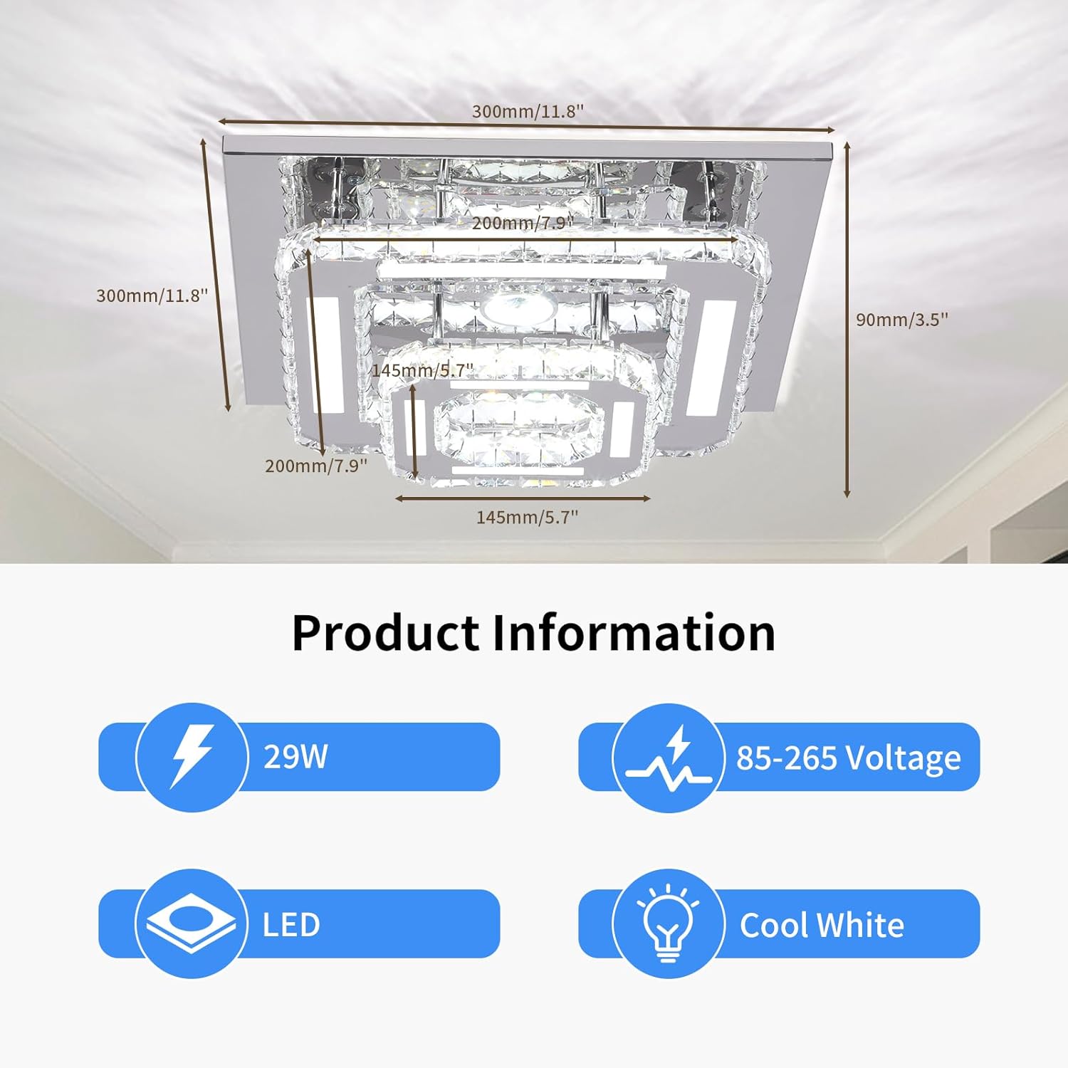FRIXCHUR Lámpara de Araña de Cristal LED Luz de Techo de Cristal 2 Capas 12 pulgadas Lámpara de Techo Empotrada Iluminación de Lámparas de Araña Modernas para Dormitorio Pasillo Escalera Cocina