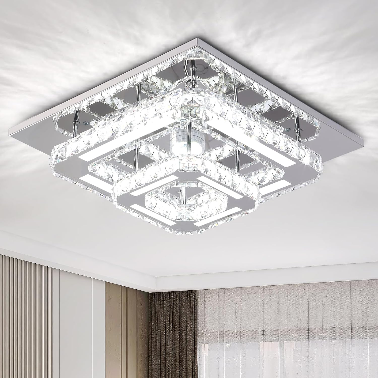 FRIXCHUR Lámpara de Araña de Cristal LED Luz de Techo de Cristal 2 Capas 12 pulgadas Lámpara de Techo Empotrada Iluminación de Lámparas de Araña Modernas para Dormitorio Pasillo Escalera Cocina