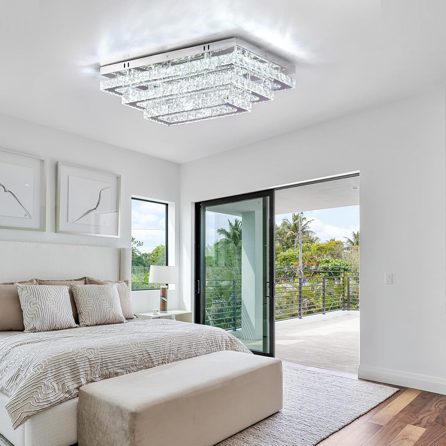 Finktonglan Lámpara de Techo LED de Cristal Moderna Accesorio de Luz de Techo Rectangular de 20" de Montaje al Ras Lámpara de Araña Luces de Techo de 3 Niveles de Acero Inoxidable Accesorios de