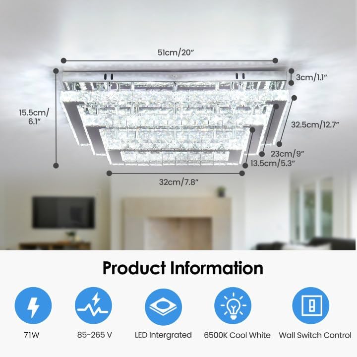 Finktonglan Lámpara de Techo LED de Cristal Moderna Accesorio de Luz de Techo Rectangular de 20" de Montaje al Ras Lámpara de Araña Luces de Techo de 3 Niveles de Acero Inoxidable Accesorios de