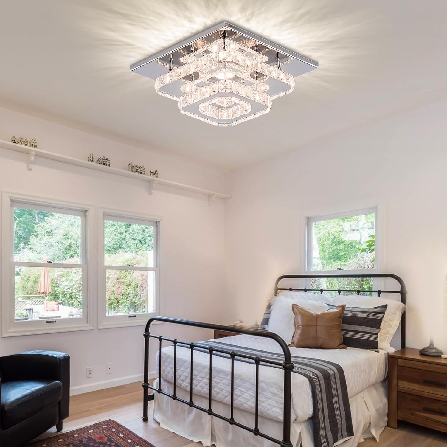 FRIXCHUR Lámpara de techo de cristal de 9.8 pulgadas, lámpara de techo cuadrada LED de 3 colores, lámpara de techo de cristal K9 de 2 capas para dormitorio, sala de estar, comedor, pasillo, vestíbulo