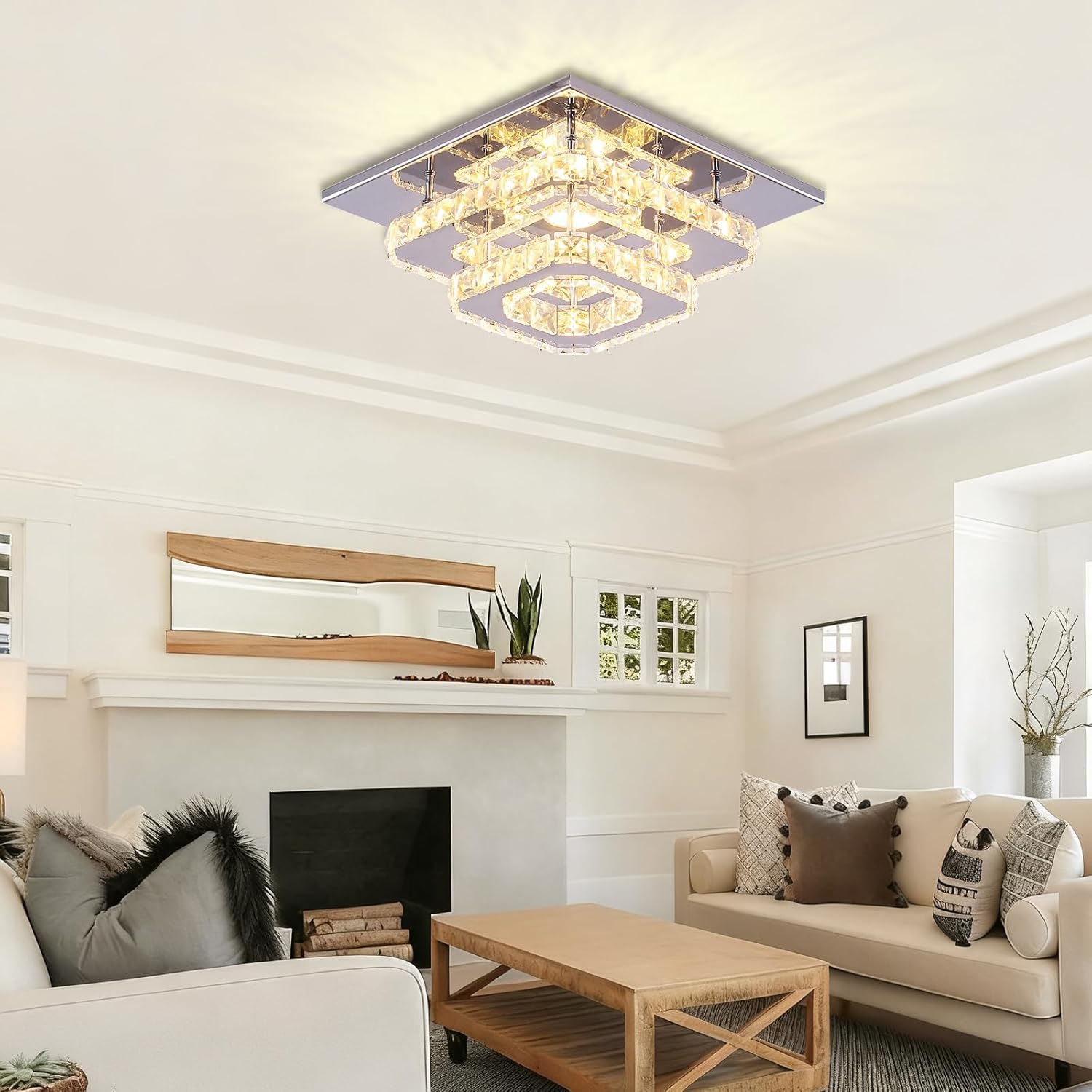 FRIXCHUR Lámpara de techo de cristal de 9.8 pulgadas, lámpara de techo cuadrada LED de 3 colores, lámpara de techo de cristal K9 de 2 capas para dormitorio, sala de estar, comedor, pasillo, vestíbulo